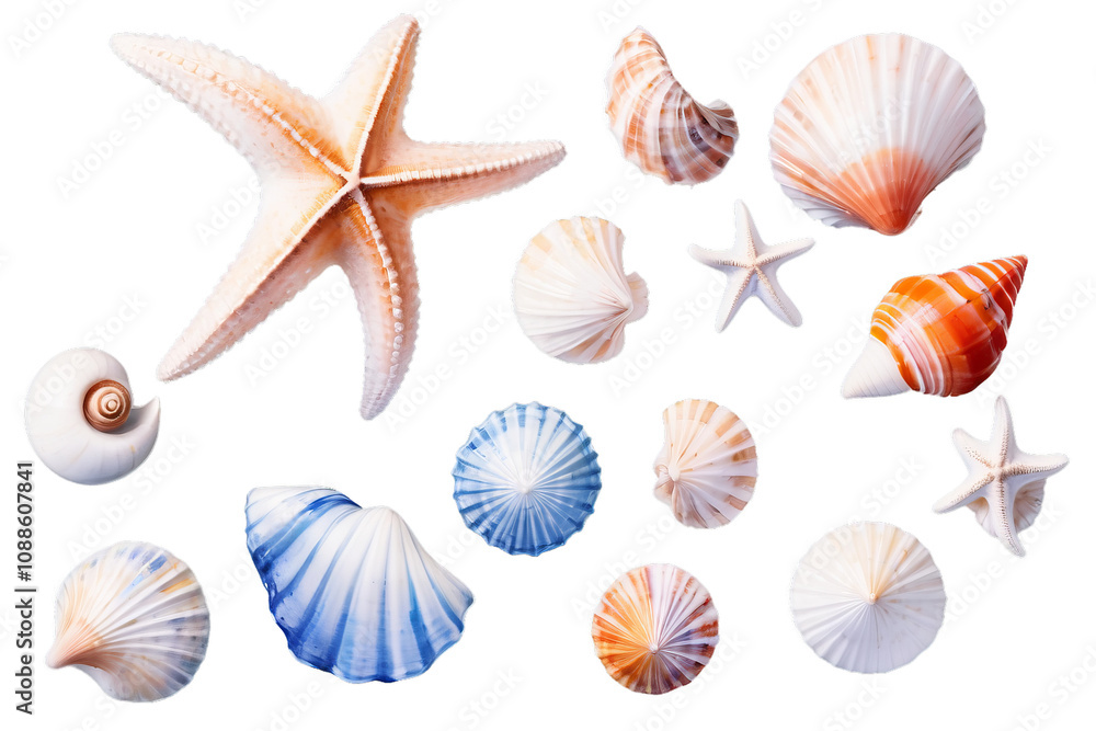 Set seashells, starfish painting watercolor isolated on white background. Summer sea hand drawn illustration print, card, Generative AI Set seashells, starfish painting watercolor isolated on white background. Summer sea hand drawn illustration print, card, Generative AI