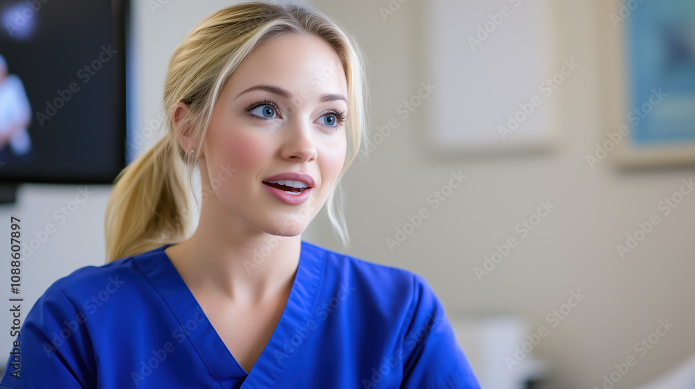 Fototapeta premium Telemedicine Appointment with Doctor in Blue Scrubs, Blonde Ponytail, Using Video Call to Communicate with Patient