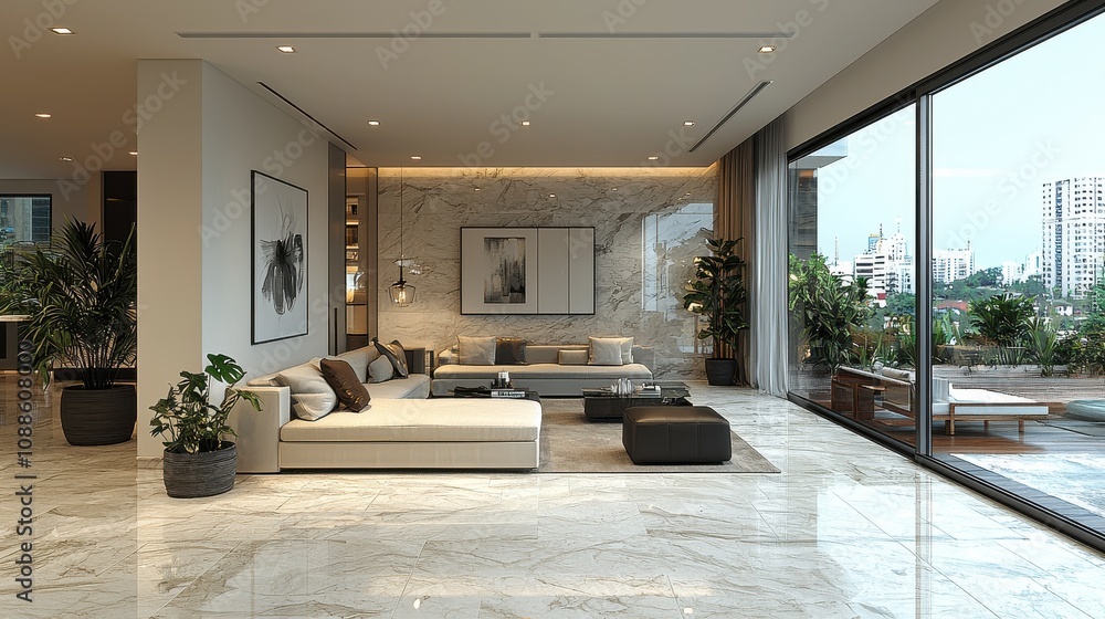 Modern living room in a luxurious apartment with large windows and sleek furnishings in an urban setting Modern living room in a luxurious apartment with large windows and sleek furnishings in an urban setting