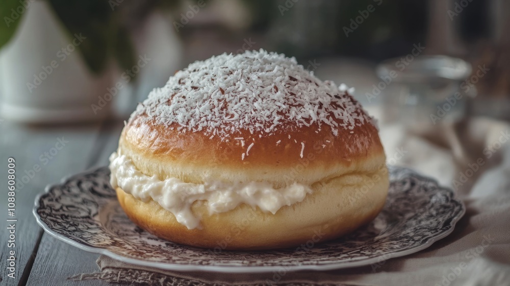 Delicious Soft Bun Filled with Cream and Topped with Shredded Coconut on a Decorative Plate Surrounded by Natural Elements in Cozy Kitchen Setting Delicious Soft Bun Filled with Cream and Topped with Shredded Coconut on a Decorative Plate Surrounded by Natural Elements in Cozy Kitchen Setting