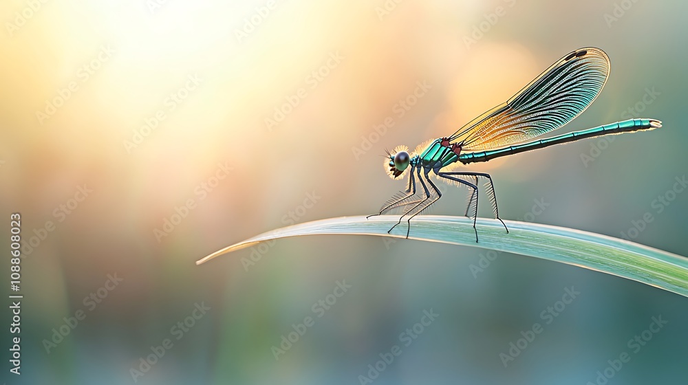 Dragonfly perched on grass blade tranquil nature scene close-up soft lighting natural beauty Dragonfly perched on grass blade tranquil nature scene close-up soft lighting natural beauty