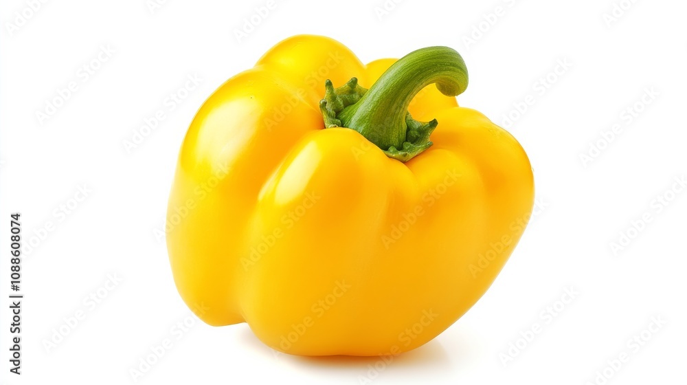 A vibrant, yellow bell pepper with its smooth, shiny skin and slightly curved shape A vibrant, yellow bell pepper with its smooth, shiny skin and slightly curved shape
