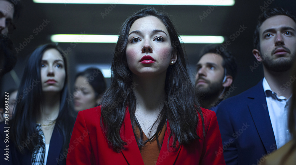 Determined Young Woman in Red Blazer Standing Among a Group in a Professional Setting Determined Young Woman in Red Blazer Standing Among a Group in a Professional Setting