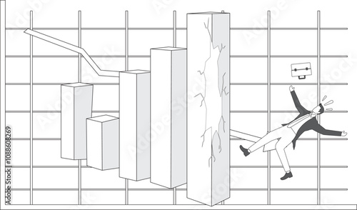 Businessman falling down from broken growth rate diagram