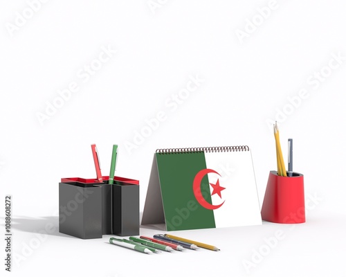 Cartoncino pieghevole a spirale con penne e matite e bandiera Algeria