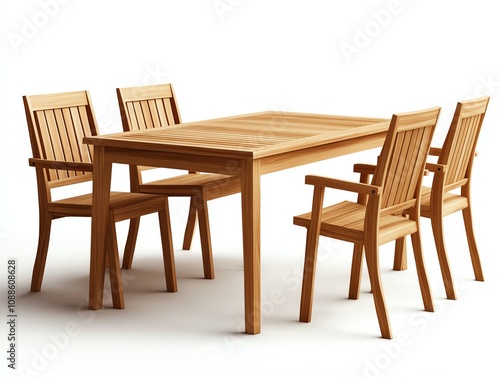 Wooden dining table with four chairs on white isolated background.