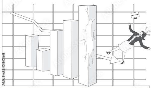 Businesswoman falling down from broken growth rate diagram