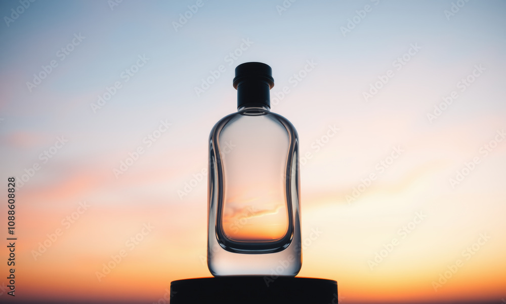 clear glass perfume bottle silhouetted against colorful sunset sky, showcasing its elegant shape and reflecting warm hues clear glass perfume bottle silhouetted against colorful sunset sky, showcasing its elegant shape and reflecting warm hues