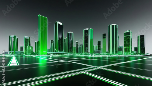 smart city glowing green at night, showcasing modern architecture and sustainable design, symbolizes net zero urban living with no visible pollution or emissions #1088608856