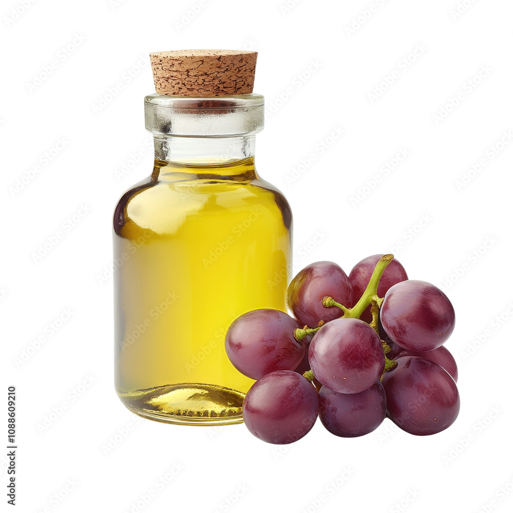 Glass bottle of grape oil with bunch of fresh grapes, white isolate background. Glass bottle of grape oil with bunch of fresh grapes, white isolate background.