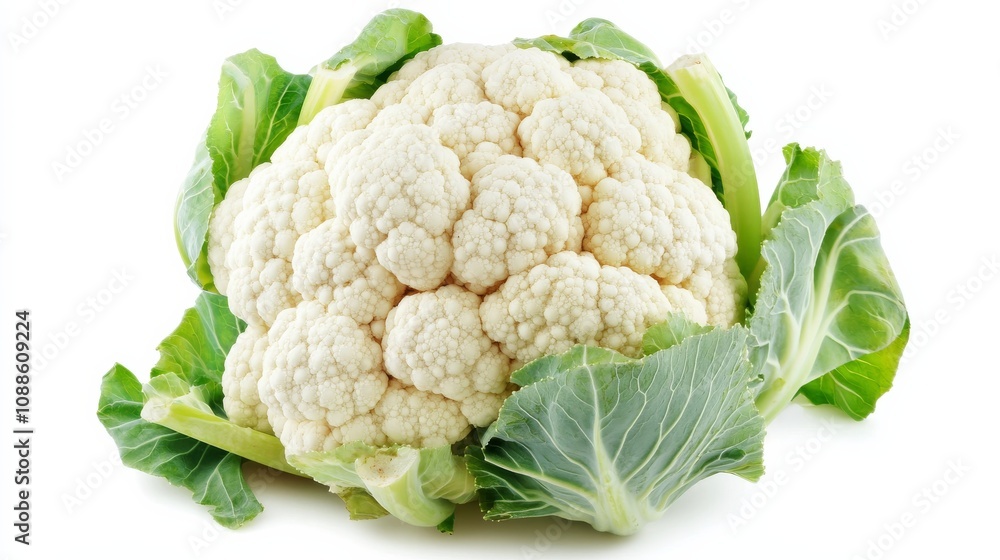 A whole head of cauliflower with its tightly packed white florets and green leaves, Each cauliflower’s vibrant color and subtle imperfections captured with precision A whole head of cauliflower with its tightly packed white florets and green leaves, Each cauliflower’s vibrant color and subtle imperfections captured with precision