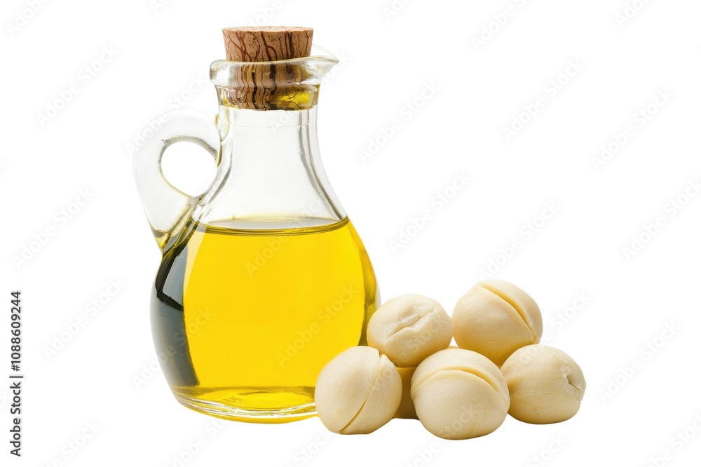 Cooking oil in a glass bottle with cork, next to raw nuts on a white isolated background. Cooking oil in a glass bottle with cork, next to raw nuts on a white isolated background.