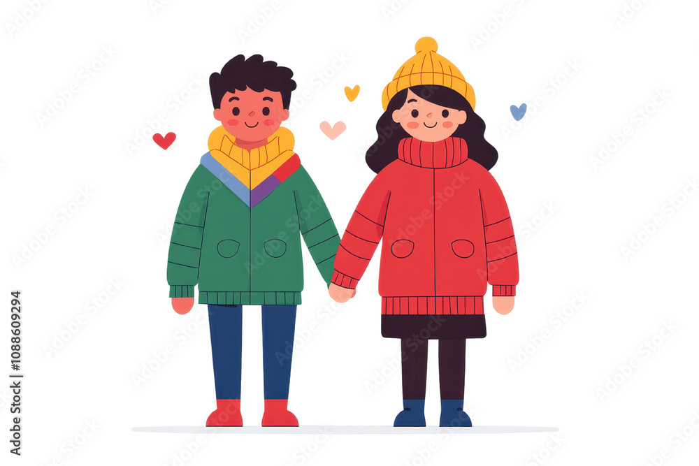 Couple holding hands, smiling, wearing colorful winter outfits, isolated background. Couple holding hands, smiling, wearing colorful winter outfits, isolated background.