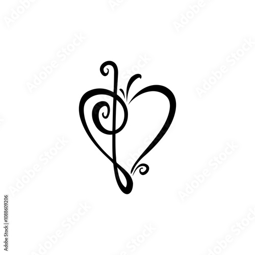 Stylized treble clef intertwined with a heart symbol representing love for music