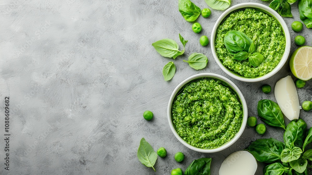 Obraz premium Fresh Spring Pesto Pasta with Peas Event Culinary Delight Kitchen Natural Light Close-Up View Healthy Eating Concept