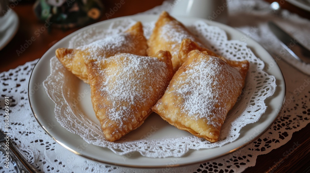 Delicious Golden Pastry Filled with Sweet Cream and Topped with Powdered Sugar Served on a Lace Doily in a Cozy Dining Setting Delicious Golden Pastry Filled with Sweet Cream and Topped with Powdered Sugar Served on a Lace Doily in a Cozy Dining Setting