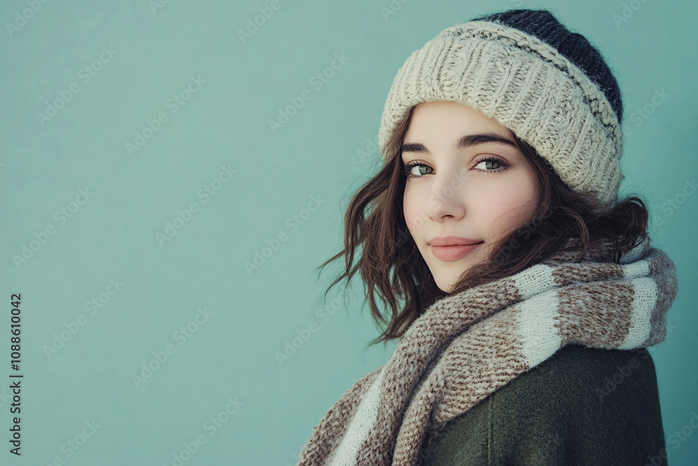 young beautiful woman in winter clothes over grey background with copy space young beautiful woman in winter clothes over grey background with copy space