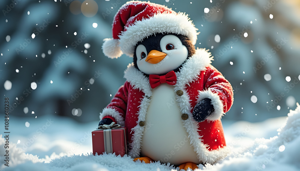 Penguin in Santa costume, joyful mood, holding a gift box in snowy winter landscape Penguin in Santa costume, joyful mood, holding a gift box in snowy winter landscape