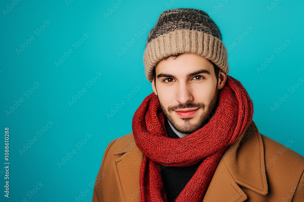 portrait of handsome man in winter clothes on the blue background with copy space portrait of handsome man in winter clothes on the blue background with copy space