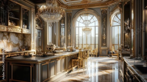 Traditional luxury kitchen with a European aesthetic, chandeliers, arched windows, and marble surfaces,