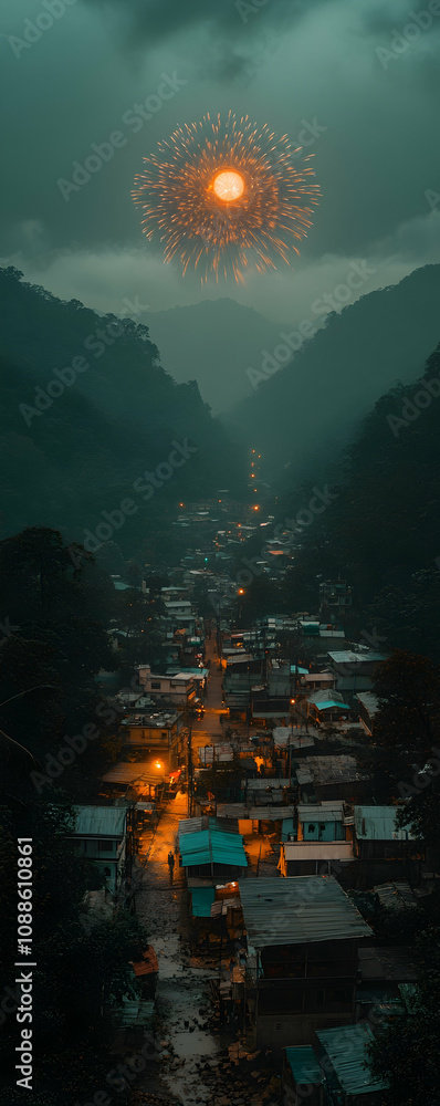 Obraz premium Misty Village Valley at Night.