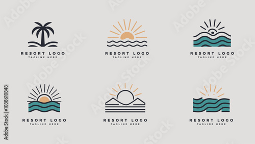 Collection of modern minimalist resort logo design, oasis beach resort vector illustration 