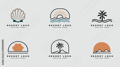 Collection of modern minimalist resort logo design, oasis beach resort vector illustration 