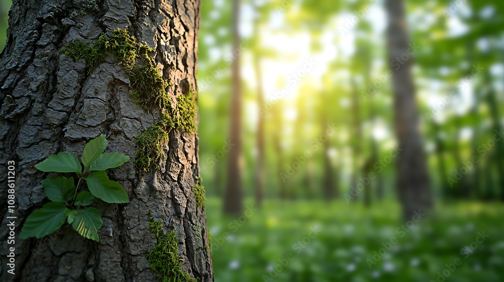 Fototapeta premium Sunlight filtering through trees forest nature photography lush green environment close-up view serenity