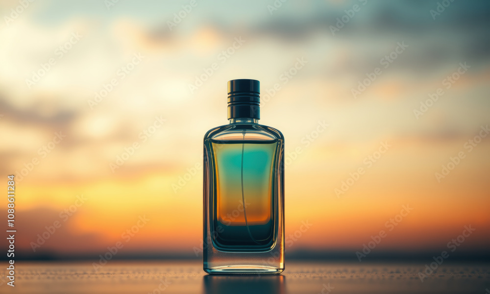 sleek glass perfume bottle stands against vibrant sunset backdrop, showcasing its elegant design and captivating colors. warm hues create serene atmosphere sleek glass perfume bottle stands against vibrant sunset backdrop, showcasing its elegant design and captivating colors. warm hues create serene atmosphere