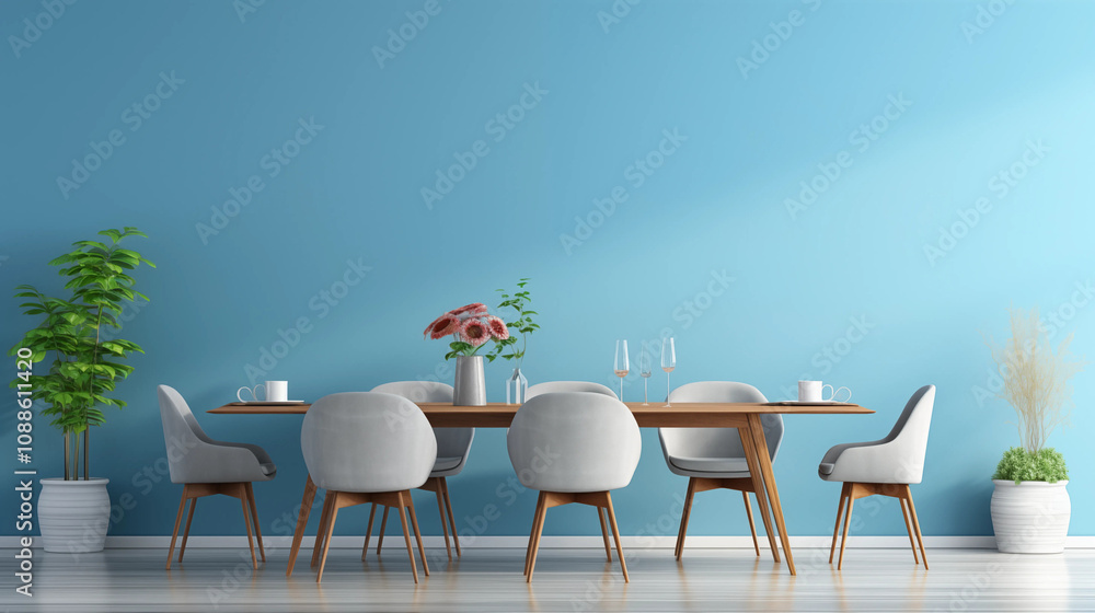 Modern Dining Room Interior Light Blue Wall Wooden Table Grey Chairs Modern Dining Room Interior Light Blue Wall Wooden Table Grey Chairs