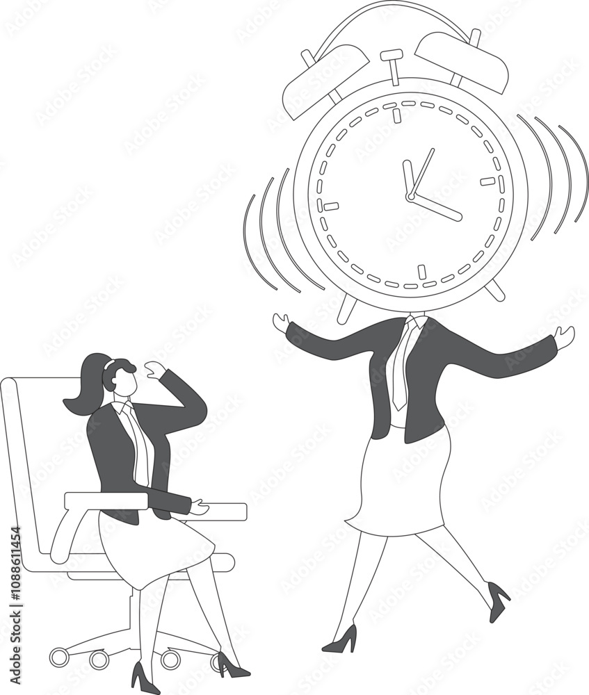 Time Management, a big alarm clock suddenly appeared in front of the businesswoman Time Management, a big alarm clock suddenly appeared in front of the businesswoman