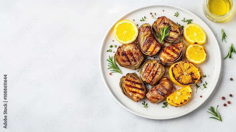 Grilled Artichokes with Lemon Outdoor Cookout Food Photography Bright Spring Setting Top-Down View Fresh Culinary Delight Grilled Artichokes with Lemon Outdoor Cookout Food Photography Bright Spring Setting Top-Down View Fresh Culinary Delight
