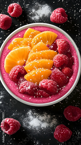 Raspberry and peach smoothie bowl with edible glitter. photo