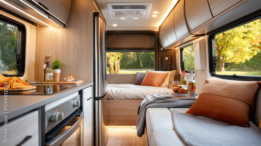 A modern motor home interior showcasing a comfortable living space with natural light and warm decor. A modern motor home interior showcasing a comfortable living space with natural light and warm decor.