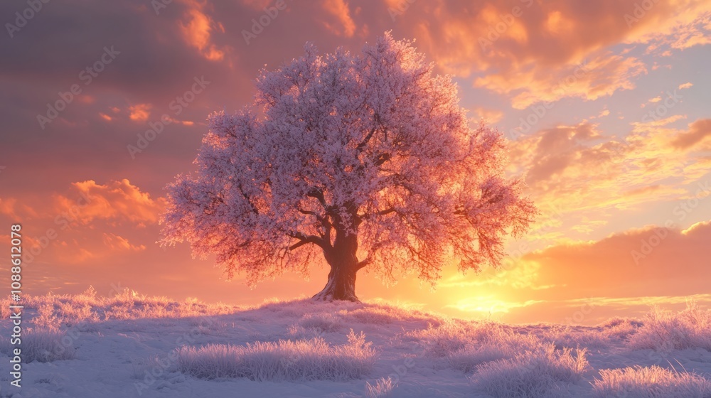 A Stunning Sunset with a Pink Tree Against a Colorful Sky A Stunning Sunset with a Pink Tree Against a Colorful Sky