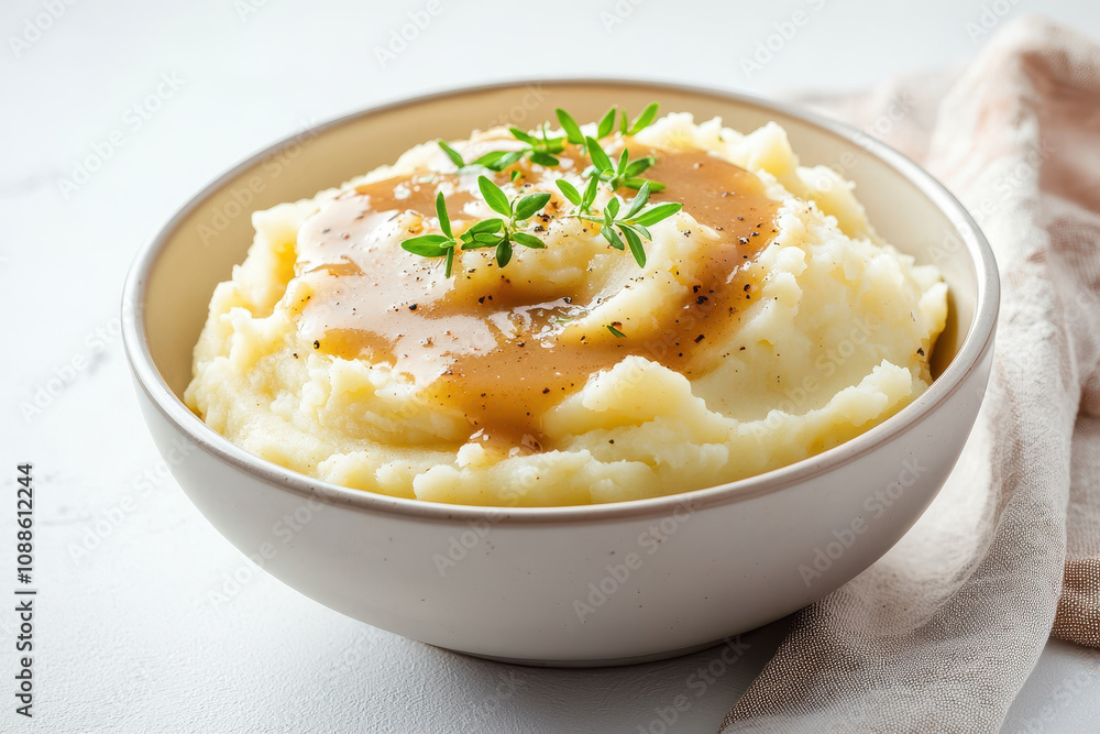 Creamy mashed potato topped with savory gravy and fresh herbs in a stylish bowl, ideal for comfort food imagery. Creamy mashed potato topped with savory gravy and fresh herbs in a stylish bowl, ideal for comfort food imagery.