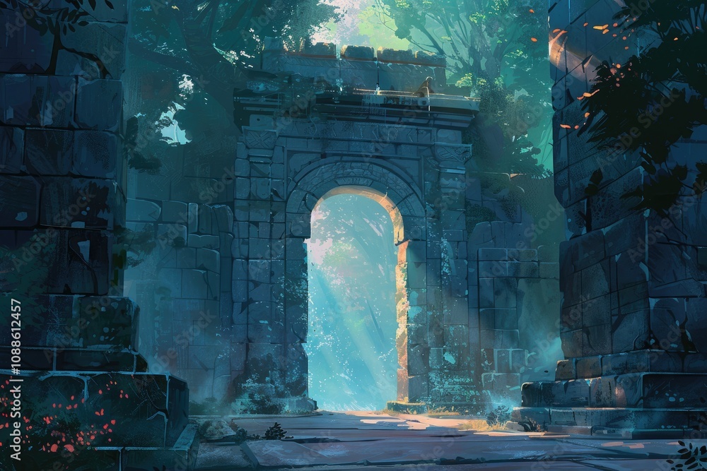 Fototapeta premium Ancient Stone Archway Leading to a Sunlit Forest Path