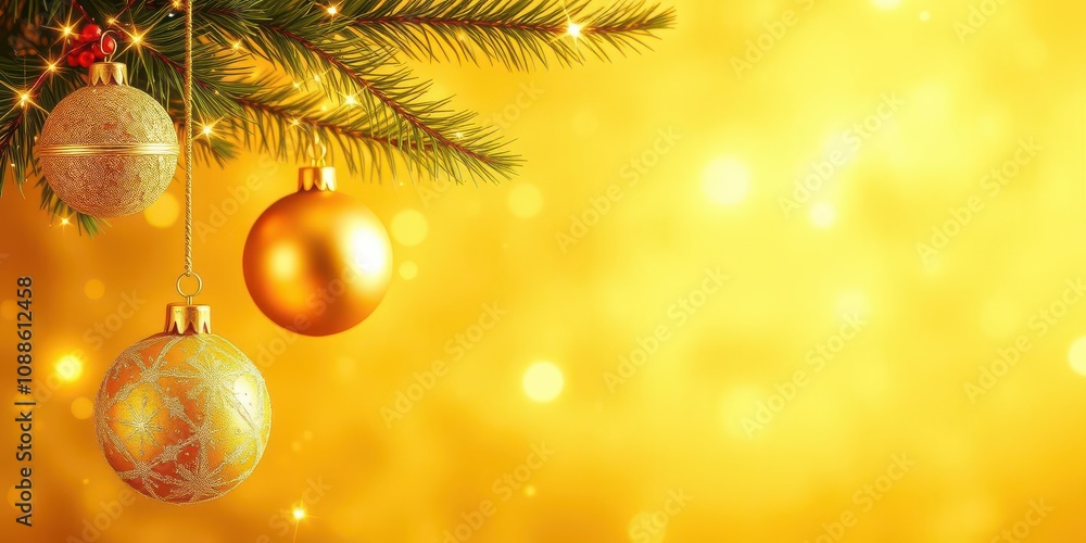 Fototapeta premium Golden Christmas background with sparkling lights, glittering ornaments, and shiny stars, lights