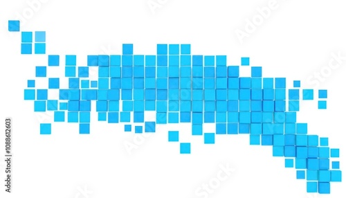 orizontal arrangement of squares in various shades of blue, creating a mosaic-like pattern. The squares vary in size and opacity,