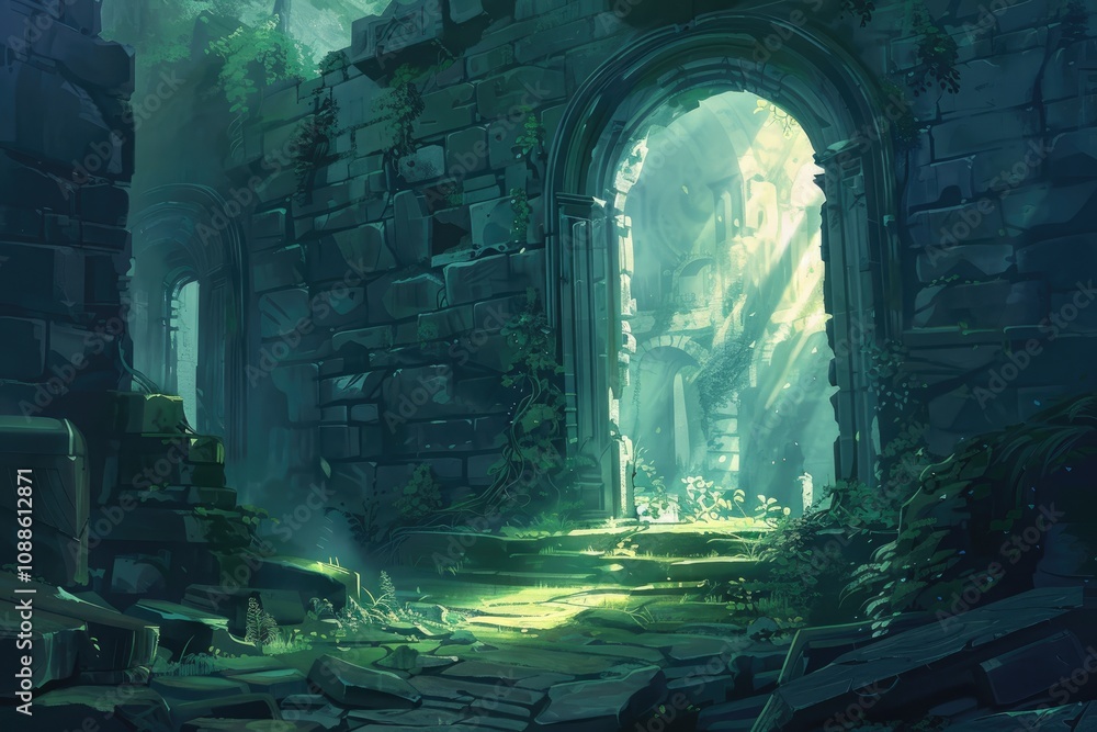Fototapeta premium Overgrown Stone Archway Leading to Sunlit Ruins