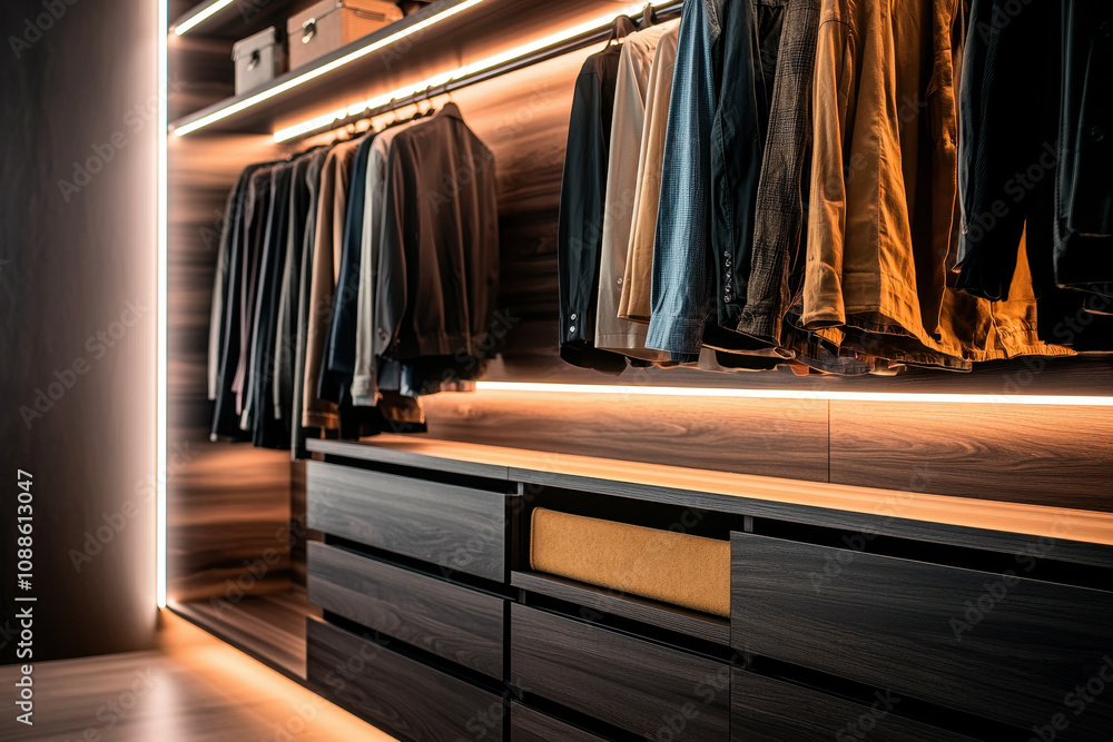 Elegant wardrobe interior with neatly organized suits and stylish lighting, showcasing modern design and sophisticated storage. Elegant wardrobe interior with neatly organized suits and stylish lighting, showcasing modern design and sophisticated storage.