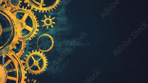 An artistic representation of golden gear, gears against a textured dark background, symbolizing machinery and innovation.