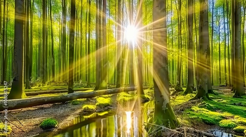 sunlight between tall trees in the forest 