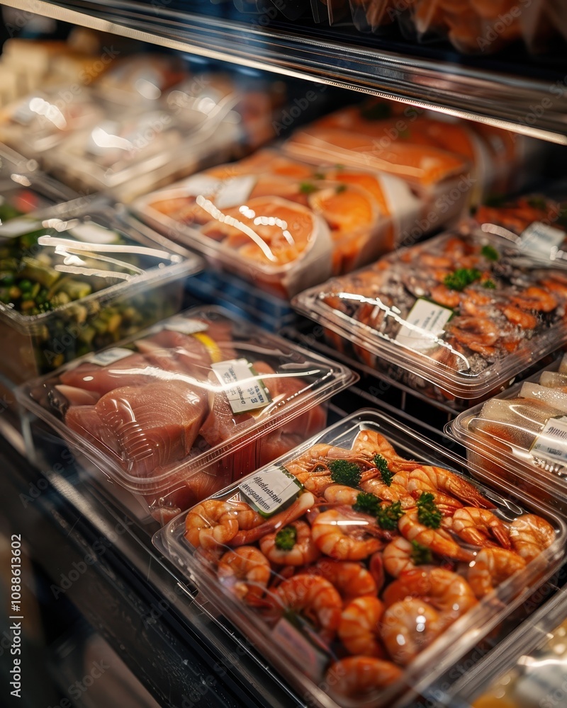 A display of assorted packaged seafood and meats in a refrigerated section, showcasing fresh ingredients ready for cooking or meal preparation. A display of assorted packaged seafood and meats in a refrigerated section, showcasing fresh ingredients ready for cooking or meal preparation.