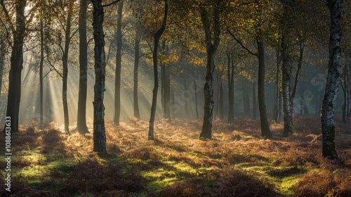 Sunlight Filters Through Trees in a Serene Forest Setting with Lush Greenery and Gentle Shadows