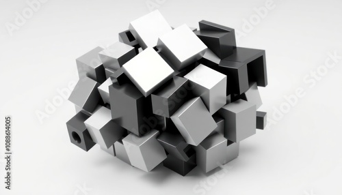 abstract black cube. spherical structure composed of numerous black cubes arranged in a seemingly random yet cohesive manner. The cubes vary slightly in size and orientation,