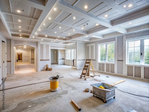 New Home Construction Interior Drywall Finish: A Close-Up View of Smoothly Finished Walls and Clean Lines in a Modern Residential Space Ready for Final Touches