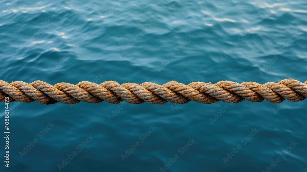 A detailed shot of a rusted rope coiled loosely, with the calm, blue ocean water in the background, creating a sense of rustic beauty and peacefulness A detailed shot of a rusted rope coiled loosely, with the calm, blue ocean water in the background, creating a sense of rustic beauty and peacefulness