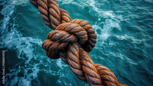 A detailed shot of a rusted rope coiled loosely, with the calm, blue ocean water in the background, creating a sense of rustic beauty and peacefulness