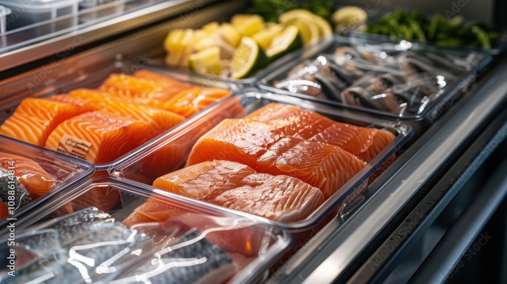 Fresh salmon fillets and seafood are displayed in a refrigerated case, alongside lemon wedges and greenery, highlighting quality ingredients. Fresh salmon fillets and seafood are displayed in a refrigerated case, alongside lemon wedges and greenery, highlighting quality ingredients.